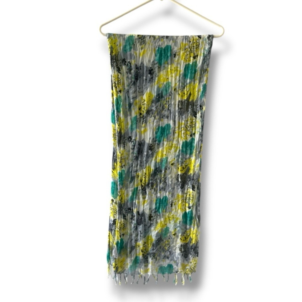 Multicolor Floral Lightweight Tassel Scarf Gray Teal Yellow Flowers Spring